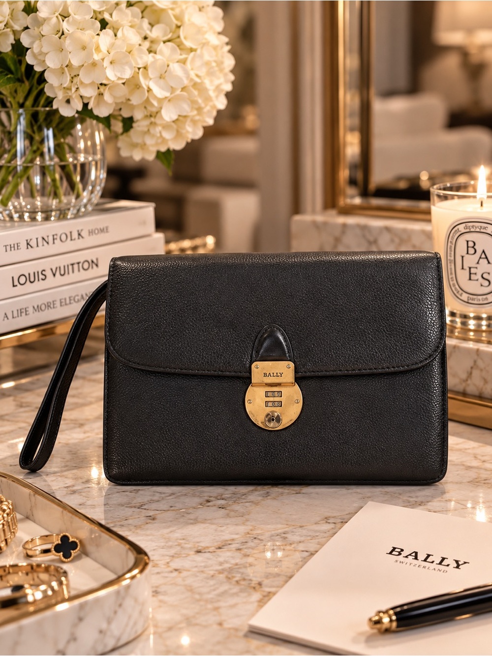 Vintage Bally Black Leather Combination Lock Wristlet Clutch Bag